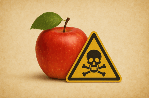 apple with a skull and crossbones triangle sign signifying food as medicine