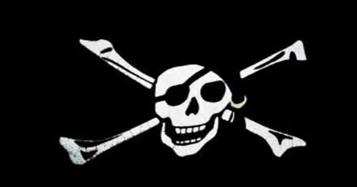 White pirate skull and crossbones symbol on a black background