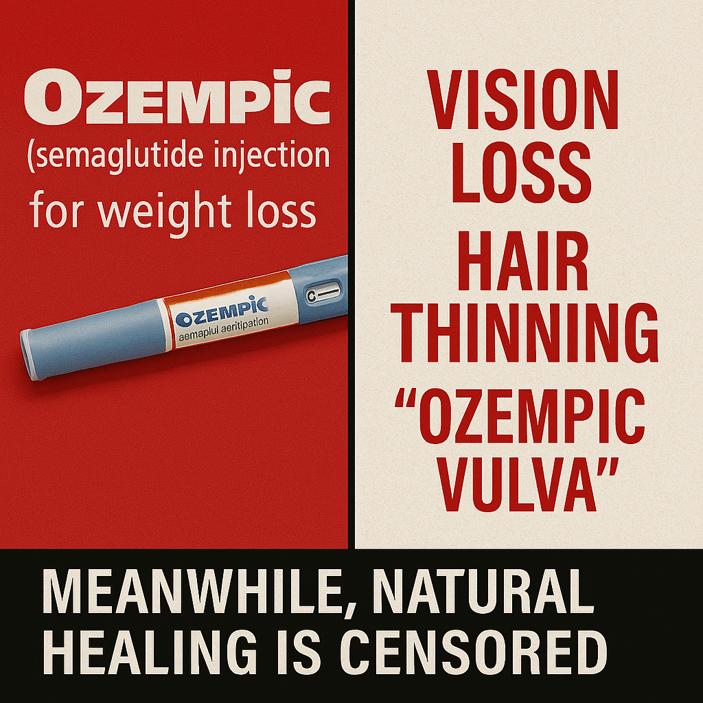 Split-screen graphic contrasting Ozempic marketing with its side effects. Left side features a red background with an Ozempic injection pen and promotional text: “Ozempic (semaglutide injection) for weight loss.” Right side shows an off-white background listing side effects in bold red text: “Vision Loss,” “Hair Thinning,” and “Ozempic Vulva.” A black banner at the bottom reads: “Meanwhile, natural healing is censored.”