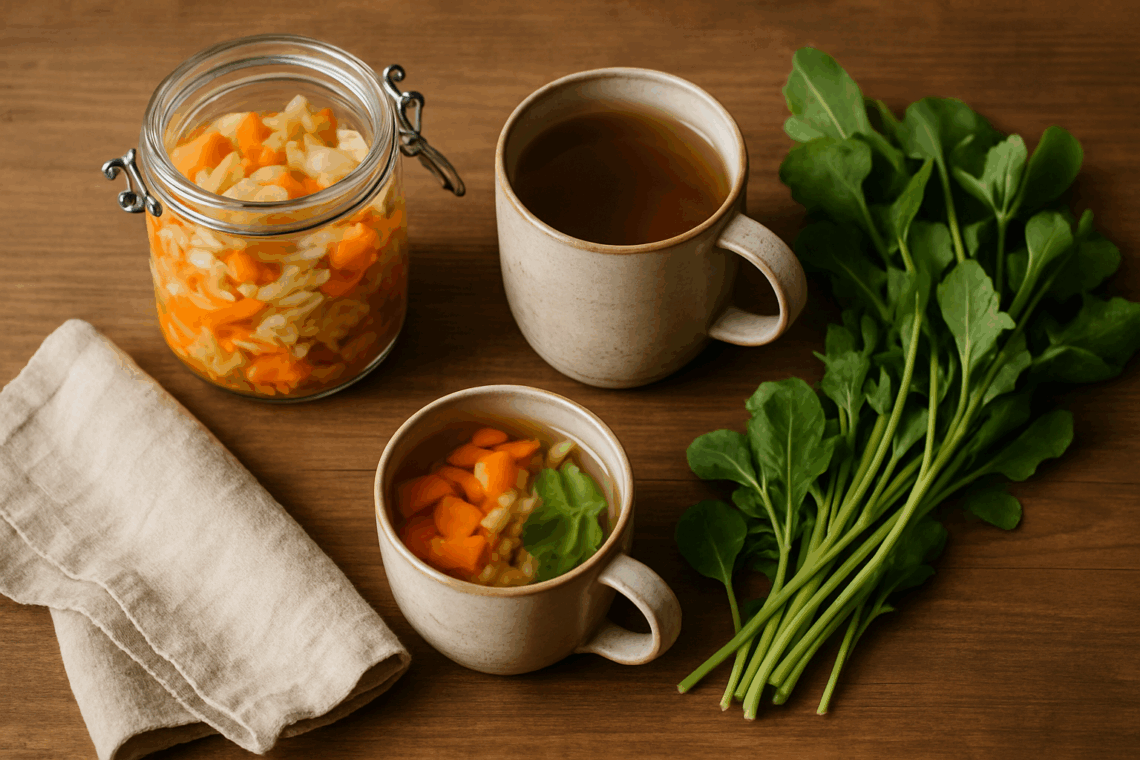 Fermented vegetables, herbal tea, and fresh greens on a wooden table representing gut health and second-brain nourishment for Donna Appel’s MAHA Monday.