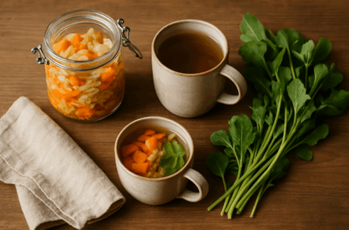 Fermented vegetables, herbal tea, and fresh greens on a wooden table representing gut health and second-brain nourishment for Donna Appel’s MAHA Monday.