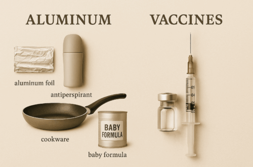 Comparison image showing everyday aluminum items like cookware, foil, antiperspirant, and baby formula on one side, and a medical syringe and vial on the other, representing aluminum in vaccines.