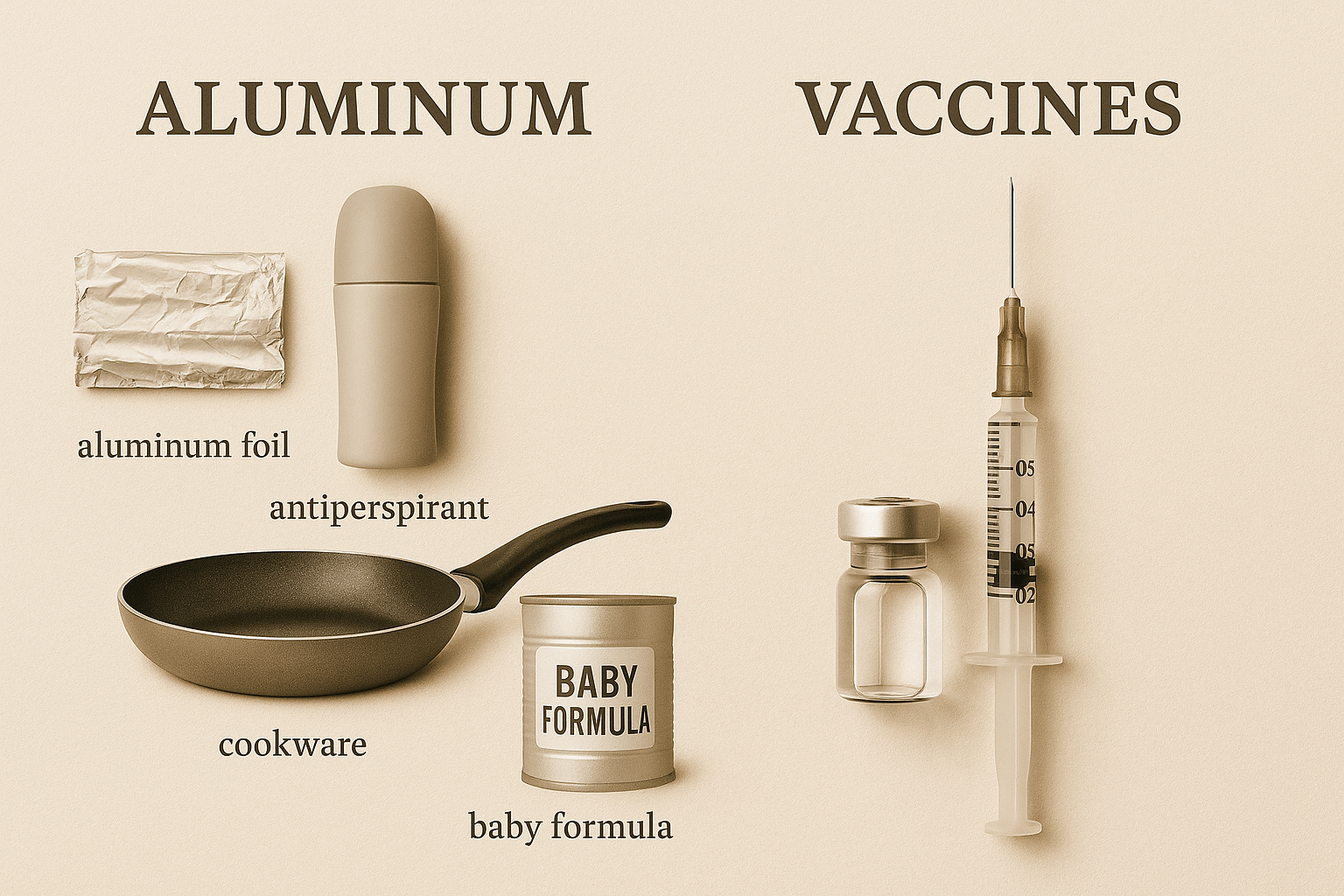 Comparison image showing everyday aluminum items like cookware, foil, antiperspirant, and baby formula on one side, and a medical syringe and vial on the other, representing aluminum in vaccines.