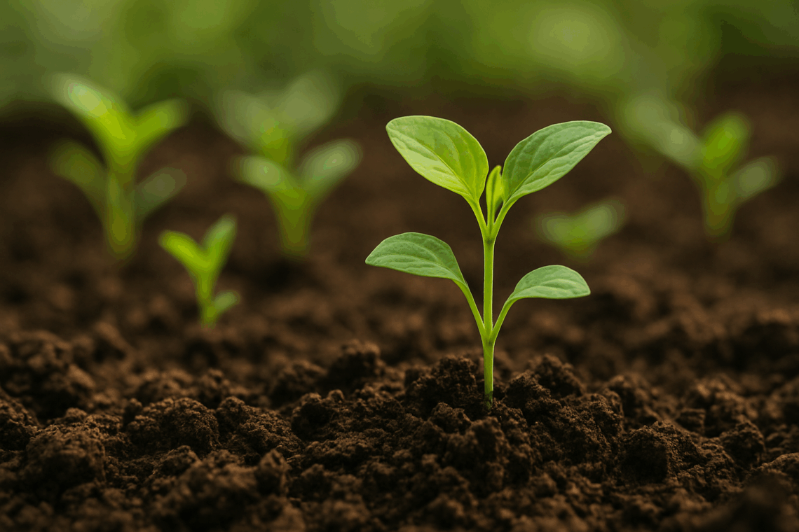 Healthy farm soil with young green plants, showing the connection between regenerative agriculture and human gut health.