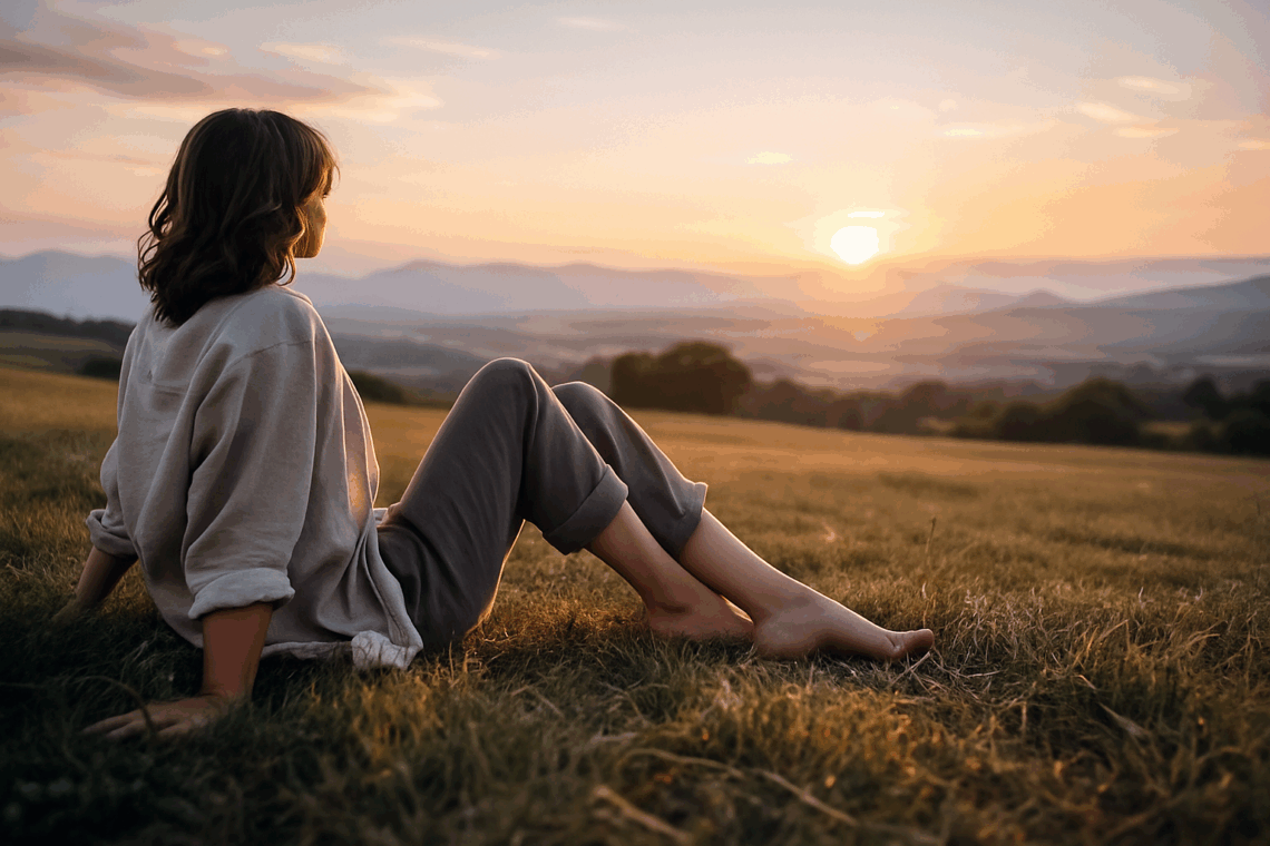 Woman sitting barefoot in a grassy field at golden hour, grounding and relaxing as she looks toward the sunset over distant hills.
