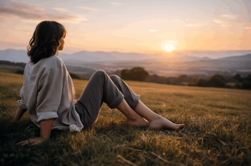 Woman sitting barefoot in a grassy field at golden hour, grounding and relaxing as she looks toward the sunset over distant hills.