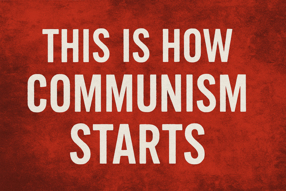 Text graphic reading “This Is How Communism Starts — The Question I Was Asked Today,” conveying Donna Appel’s warning about land ownership, farmer suppression, and rising control systems.