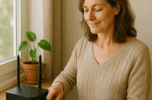 Woman unplugging Wi-Fi router to reduce EMF exposure and health effects.