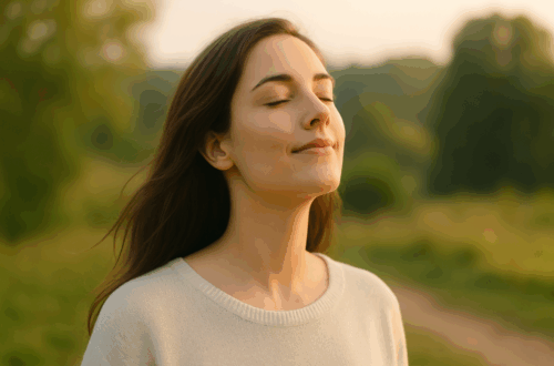 Woman standing outdoors with eyes closed, breathing fresh air in a calm natural setting