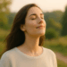 Woman standing outdoors with eyes closed, breathing fresh air in a calm natural setting