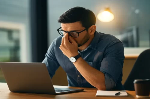 Man experiencing burnout while working at a desk, showing how pushing through exhaustion is often mistaken for productivity