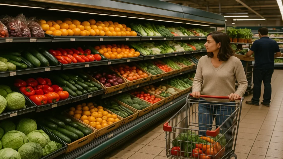 A woman shopping in a grocery store produce aisle, showing the abundance that hides the impact of chemical farming on soil health.