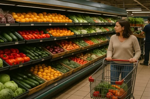 A woman shopping in a grocery store produce aisle, showing the abundance that hides the impact of chemical farming on soil health.