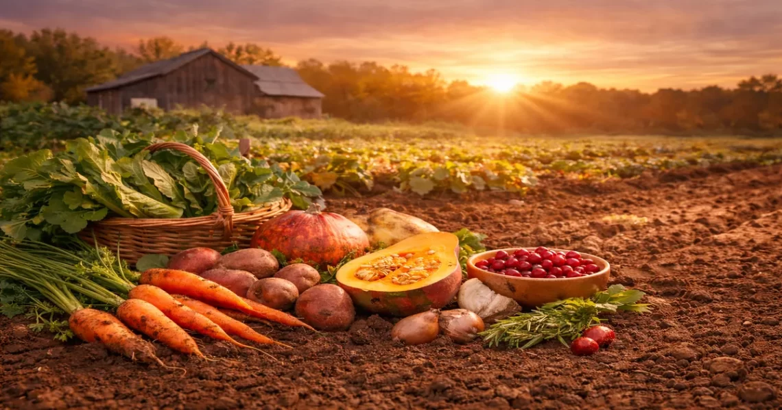 Fresh holiday vegetables harvested from healthy soil on a regenerative farm, showing how soil health shapes nutrient density, digestion, mood, and energy