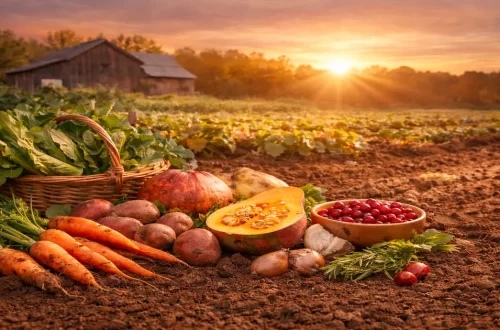 Fresh holiday vegetables harvested from healthy soil on a regenerative farm, showing how soil health shapes nutrient density, digestion, mood, and energy