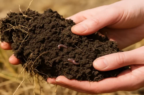 Hands holding living soil with visible worms and roots, showing how chemical farming affects health through soil depletion and loss of microbial life.