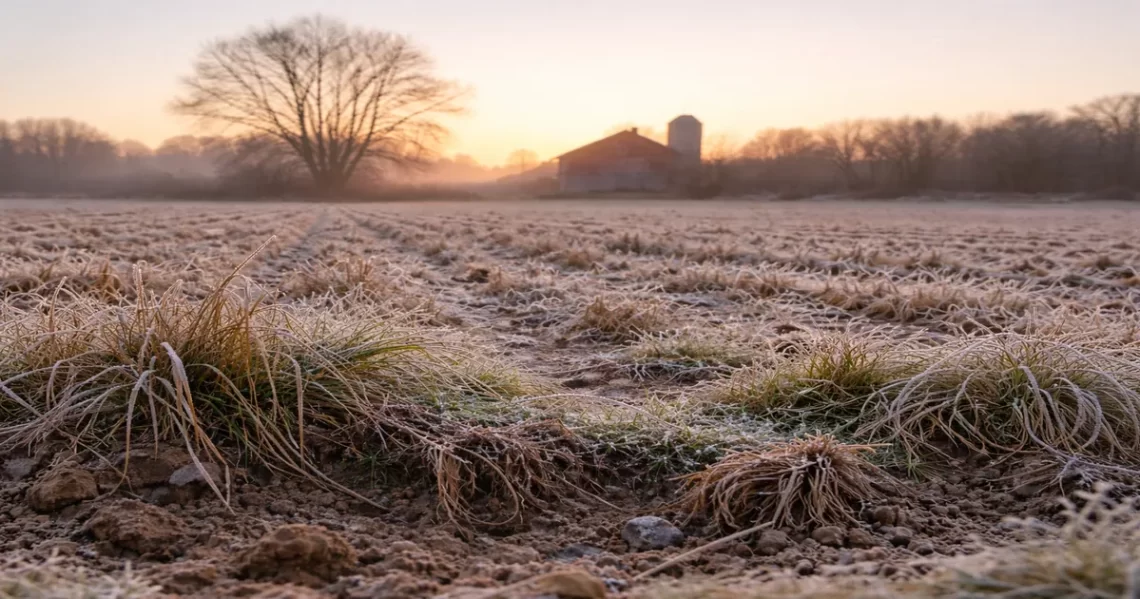 Frost-covered farmland in winter showing soil, roots, and quiet resilience beneath the surface