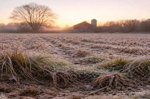 Frost-covered farmland in winter showing soil, roots, and quiet resilience beneath the surface