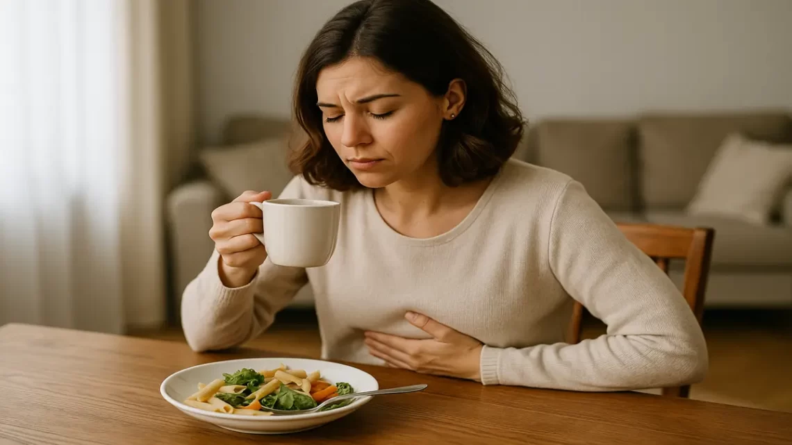 Woman holding her stomach and drinking from a mug, showing discomfort and how stress affects digestion