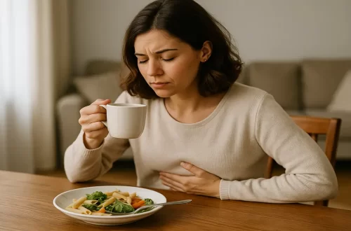 Woman holding her stomach and drinking from a mug, showing discomfort and how stress affects digestion