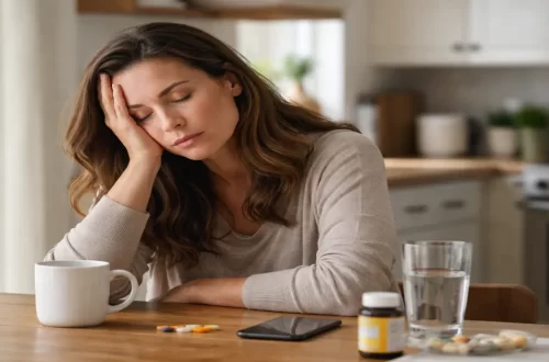 Woman sitting at a kitchen table looking exhausted, illustrating emotional and physical fatigue and low energy