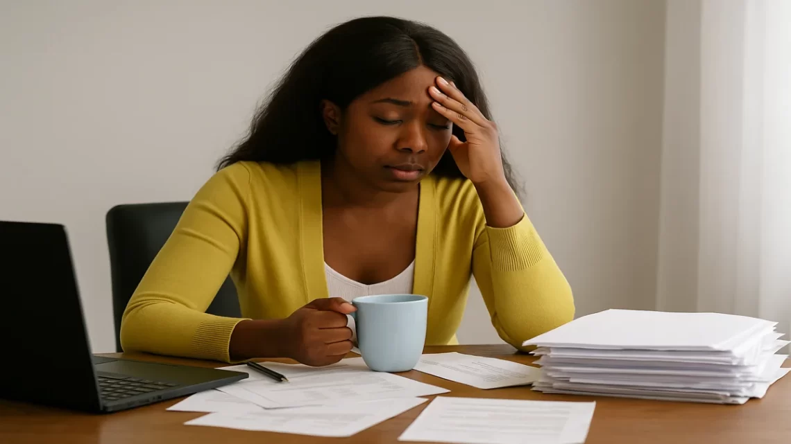 African American woman overwhelmed at a cluttered desk with papers and a coffee mug, illustrating how modern systems create exhaustion by design.