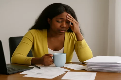 African American woman overwhelmed at a cluttered desk with papers and a coffee mug, illustrating how modern systems create exhaustion by design.