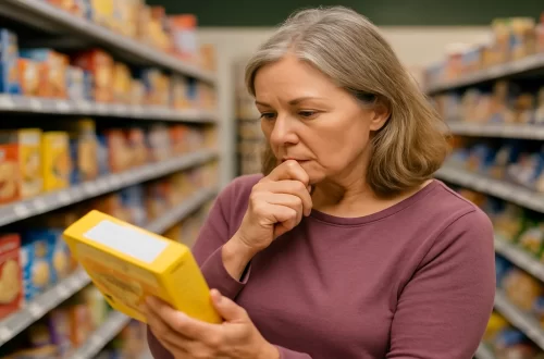 woman reading food label in grocery store aisle — why processed food is engineered
