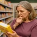 woman reading food label in grocery store aisle — why processed food is engineered