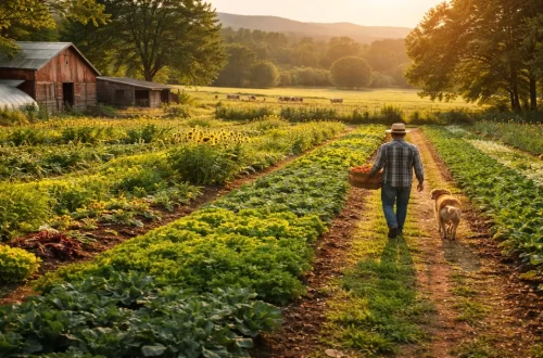 Regenerative farm with diverse crops growing in healthy soil as a farmer walks through the fields at sunset