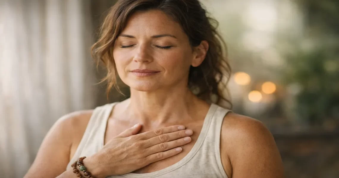 Woman pausing with hand on chest, listening to her body and inner signals after years of stress and disconnection