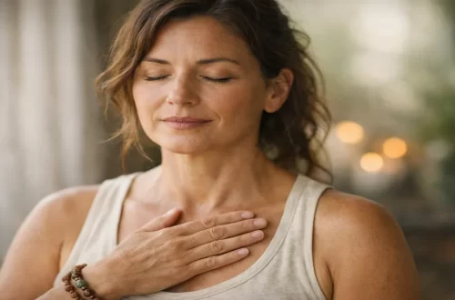 Woman pausing with hand on chest, listening to her body and inner signals after years of stress and disconnection