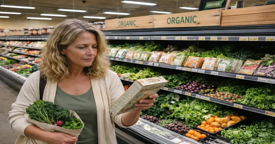Woman reading food labels while shopping for independent organic food brands in a grocery store