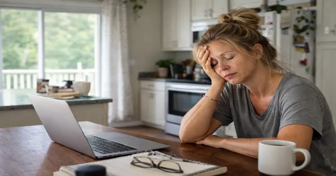 Middle-aged woman resting her head on her hand at a kitchen table with laptop and coffee, showing everyday fatigue and low energy