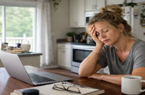 Middle-aged woman resting her head on her hand at a kitchen table with laptop and coffee, showing everyday fatigue and low energy