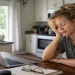Middle-aged woman resting her head on her hand at a kitchen table with laptop and coffee, showing everyday fatigue and low energy