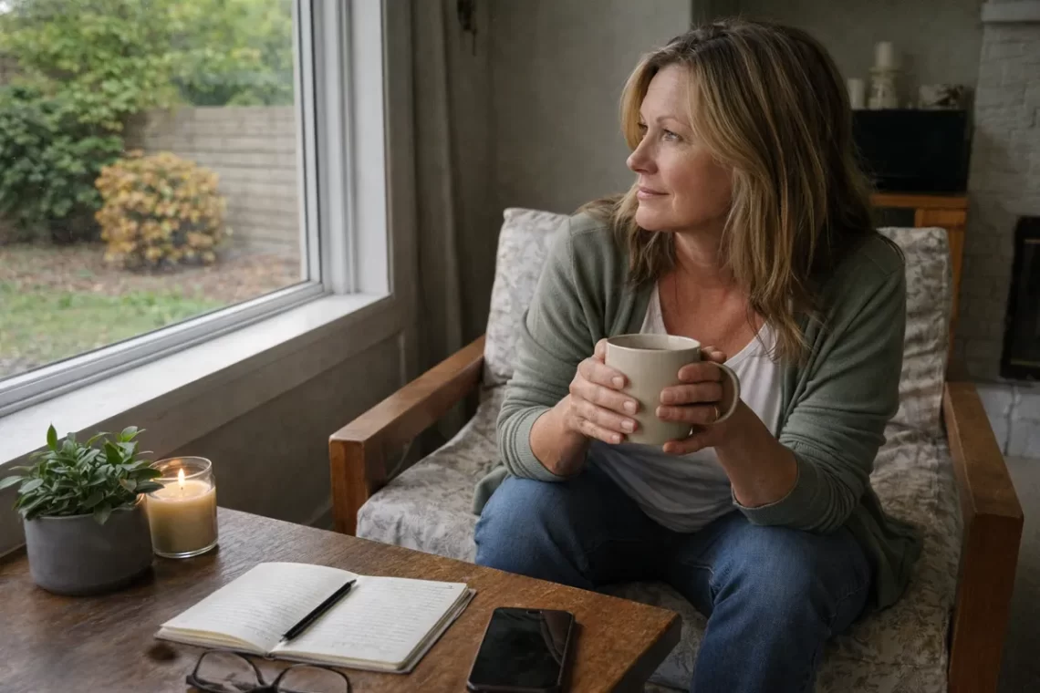 Woman sitting by a window holding a mug, pausing quietly and looking outside, representing returning to presence and calming the nervous system