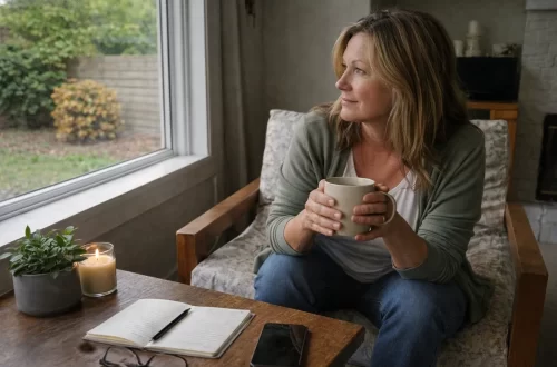 Woman sitting by a window holding a mug, pausing quietly and looking outside, representing returning to presence and calming the nervous system