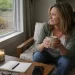 Woman sitting by a window holding a mug, pausing quietly and looking outside, representing returning to presence and calming the nervous system