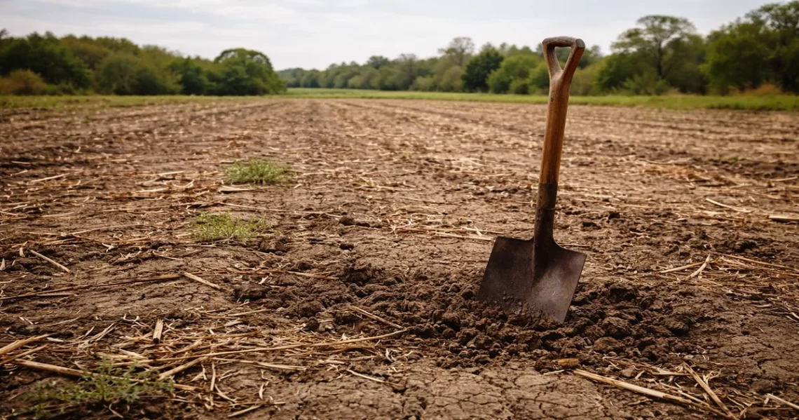 Barren farm field with compacted soil and a shovel standing in the ground, showing depleted soil before regeneration