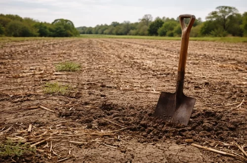 Barren farm field with compacted soil and a shovel standing in the ground, showing depleted soil before regeneration