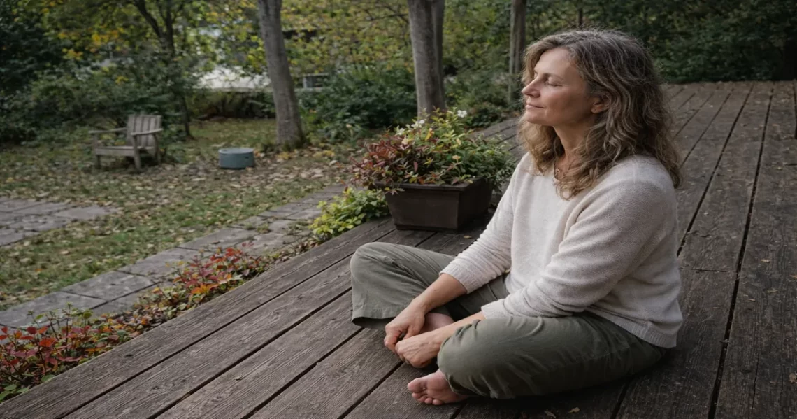Woman sitting calmly on a wooden deck practicing stillness to support nervous system healing