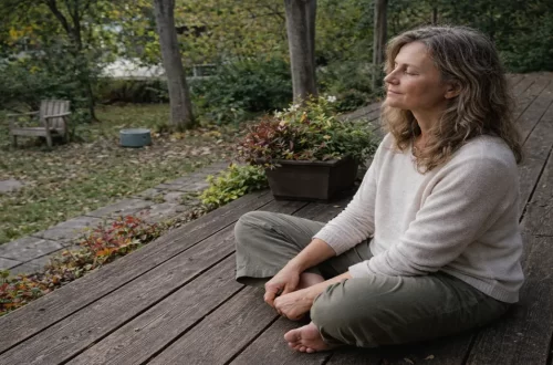Woman sitting calmly on a wooden deck practicing stillness to support nervous system healing