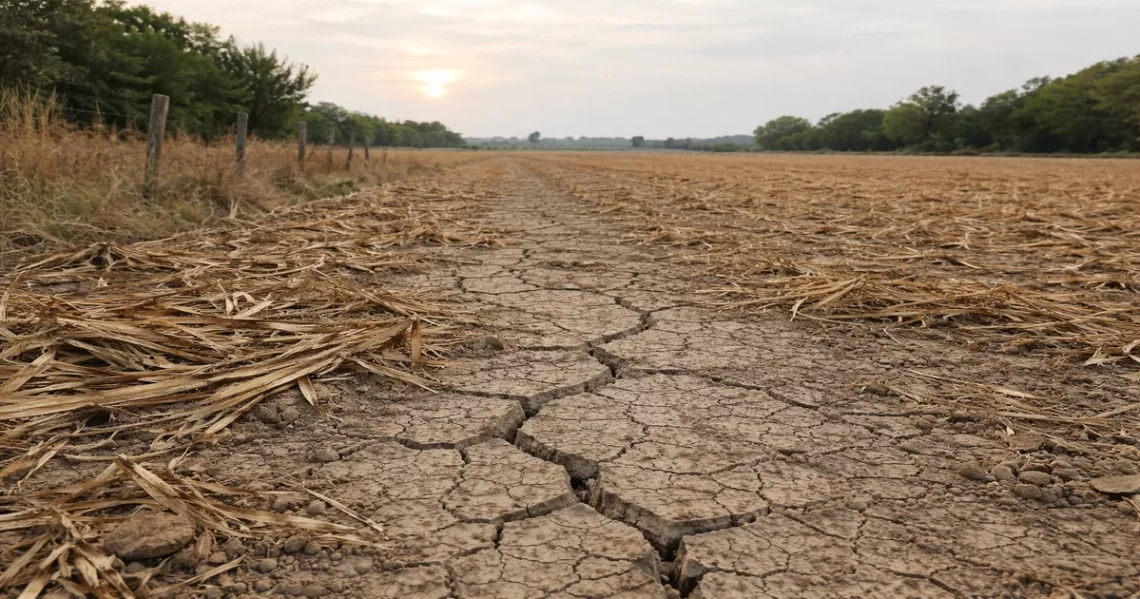 Dry cracked farmland showing depleted soil in a harvested field