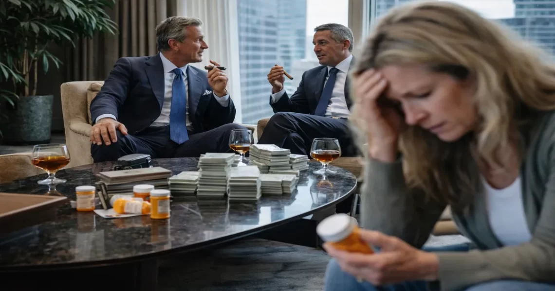 Woman holding prescription bottle in foreground while healthcare executives discuss profits in background