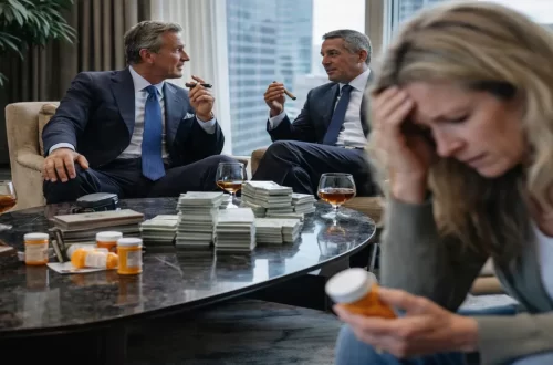 Woman holding prescription bottle in foreground while healthcare executives discuss profits in background
