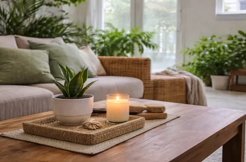 healthy home indoor air quality in a lived-in living space with natural light and everyday household items