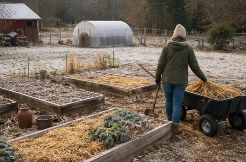 Woman tending frost-covered garden beds on a winter homestead, covering soil with straw for seasonal restoration and soil health.