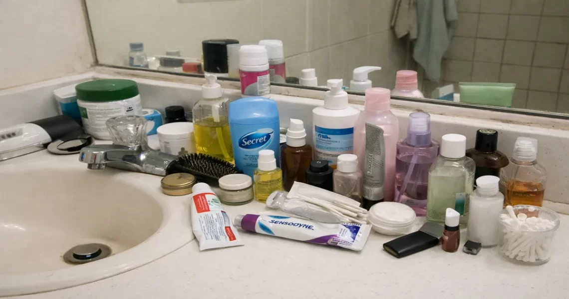 Cluttered bathroom countertop filled with everyday personal care products, bottles, and toiletries under flat natural lighting, showing ordinary household chemical exposure.