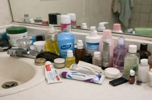 Cluttered bathroom countertop filled with everyday personal care products, bottles, and toiletries under flat natural lighting, showing ordinary household chemical exposure.